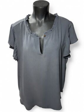 LOFT Slate Gray Ruffle-Trim Notch Blouse